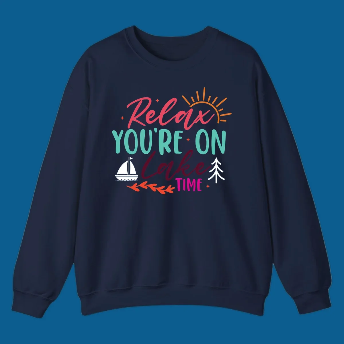 Lake time relaxation text with sailboat and sun graphic