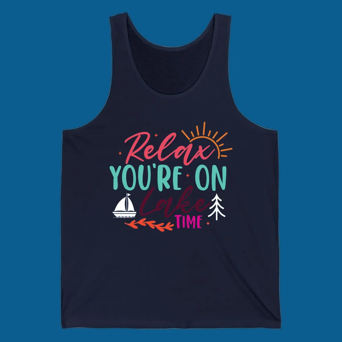 Lake time relaxation text with sailboat and sun graphic