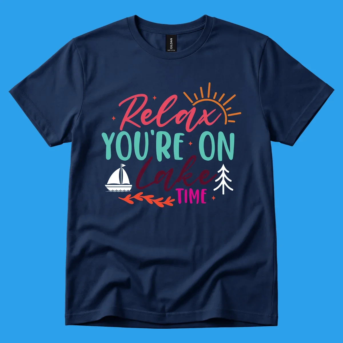 Lake time relaxation text with sailboat and sun graphic