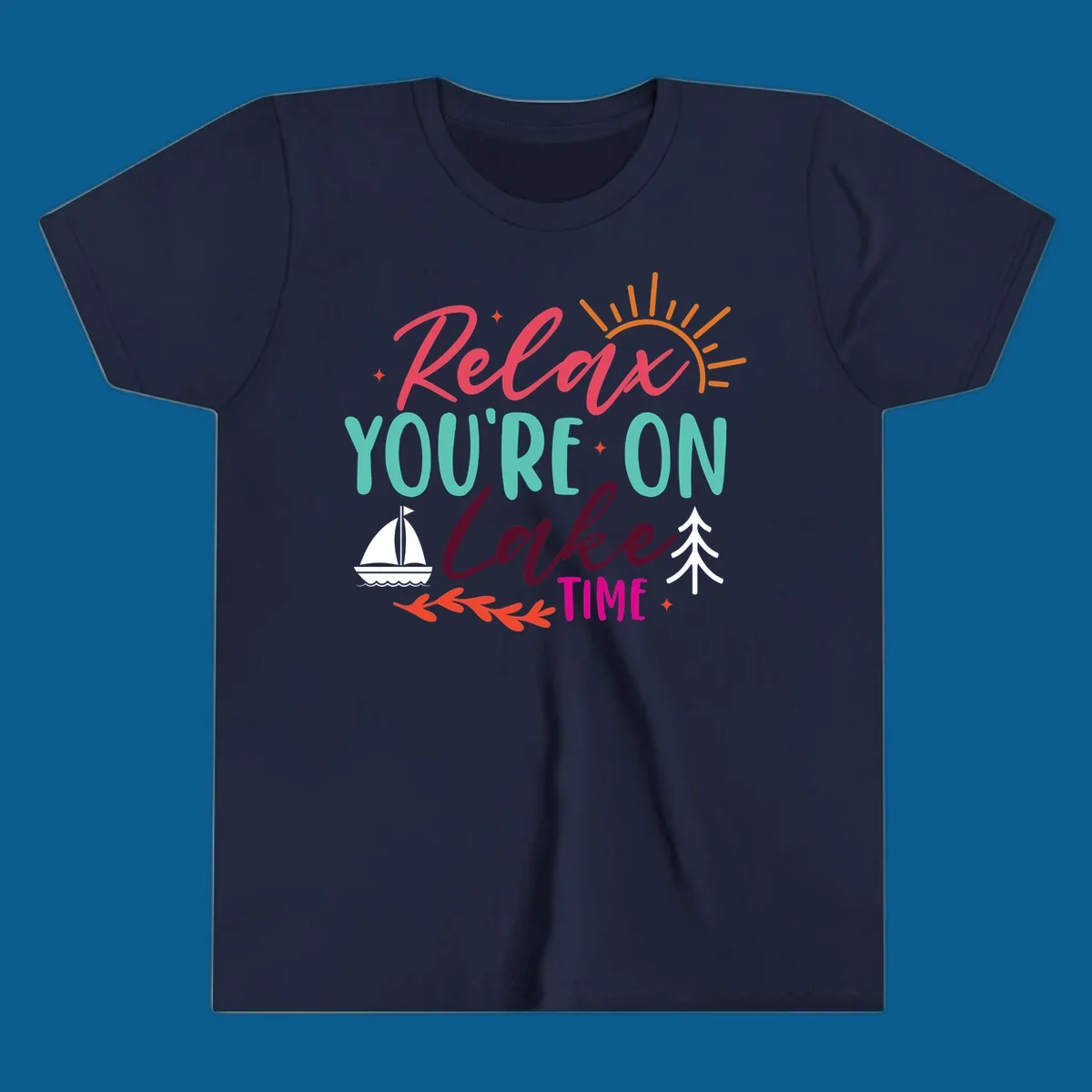 Lake time relaxation text with sailboat and sun graphic