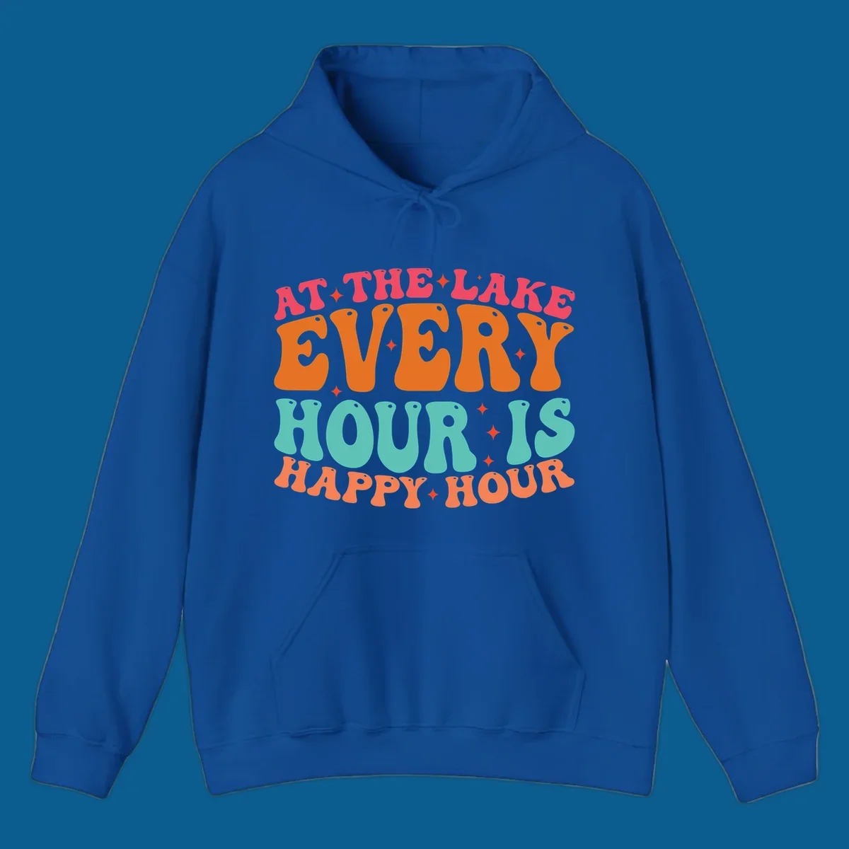 Retro text design that says "AT THE LAKE EVERY HOUR IS HAPPY HOUR" with starbursts, lake happy hour concept.