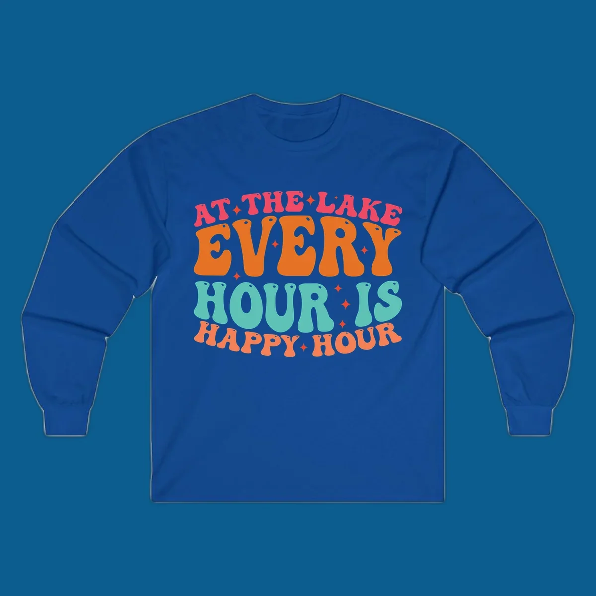 Retro text design that says "AT THE LAKE EVERY HOUR IS HAPPY HOUR" with starbursts, lake happy hour concept.