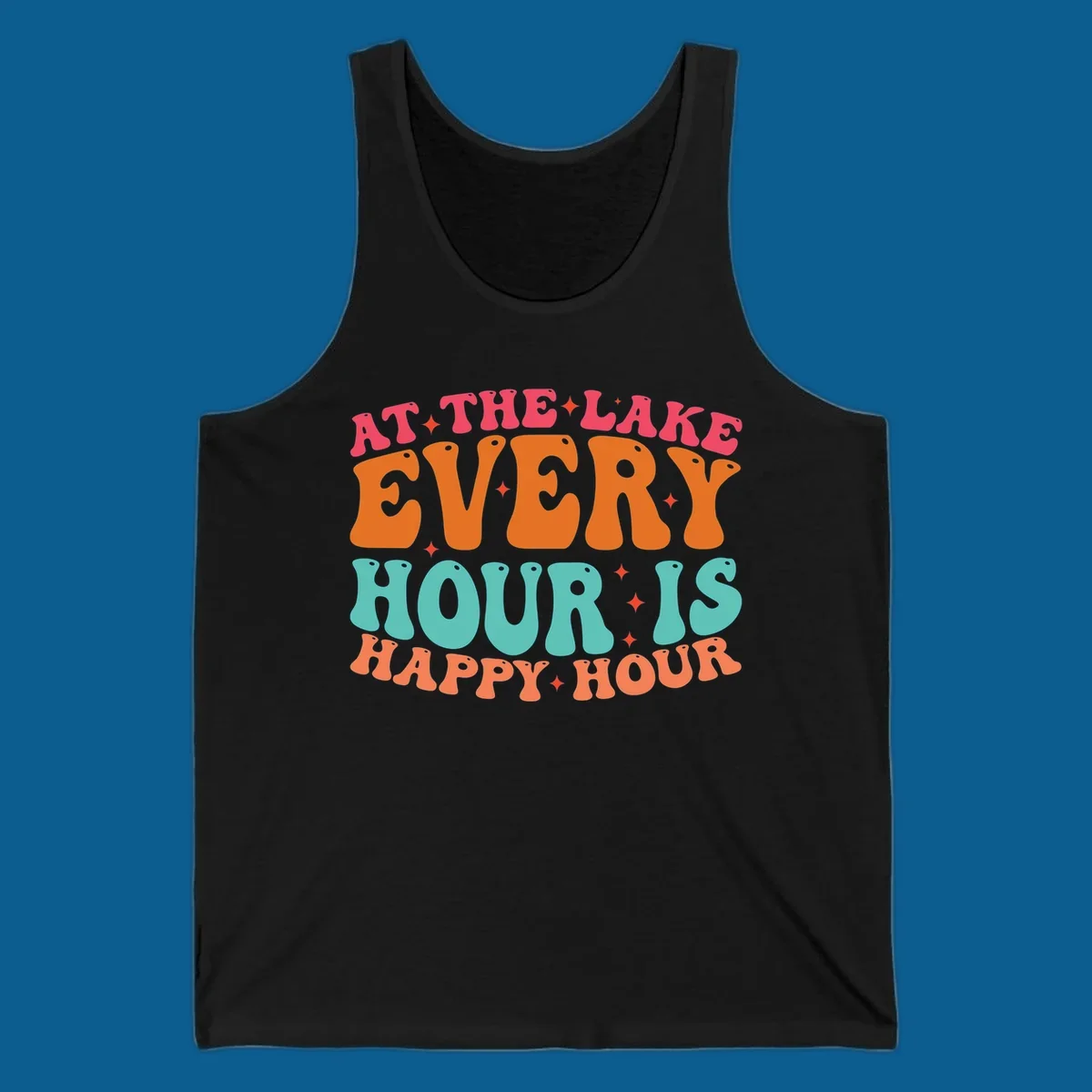 Retro text design that says "AT THE LAKE EVERY HOUR IS HAPPY HOUR" with starbursts, lake happy hour concept.