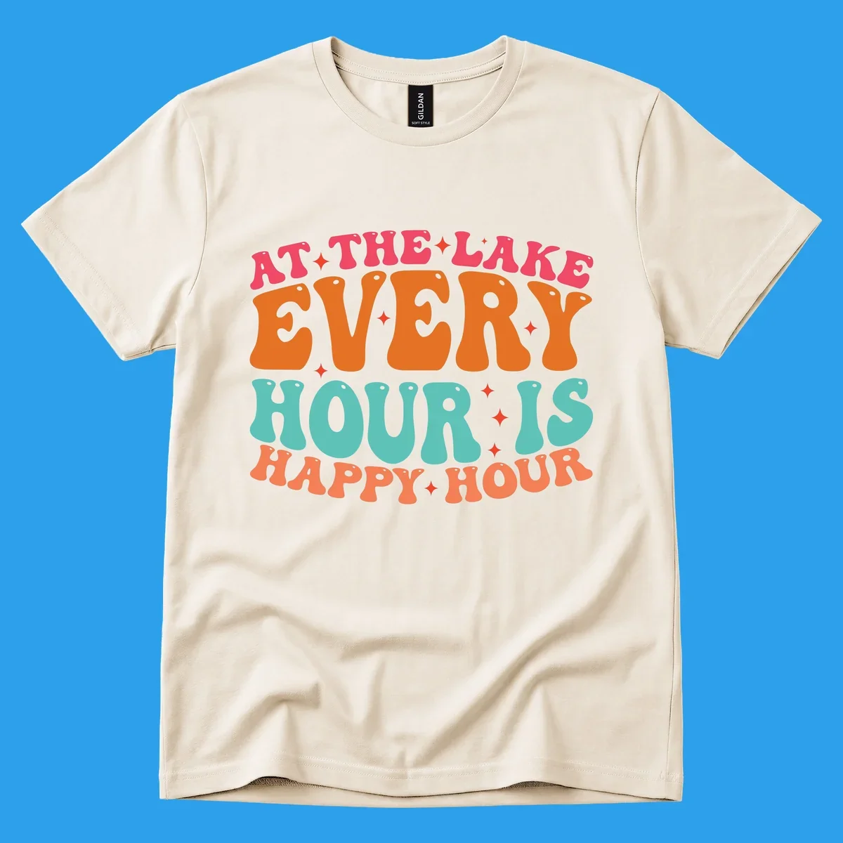 Retro text design that says "AT THE LAKE EVERY HOUR IS HAPPY HOUR" with starbursts, lake happy hour concept.