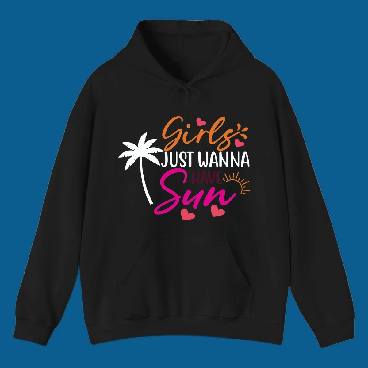Girls just wanna have sun text with palm tree and sun graphics