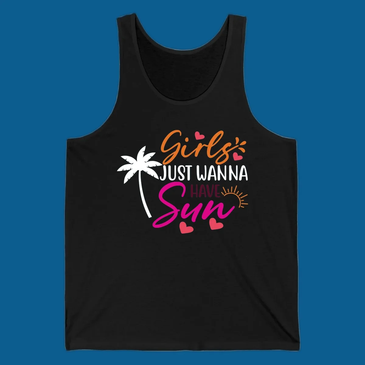 Girls just wanna have sun text with palm tree and sun graphics