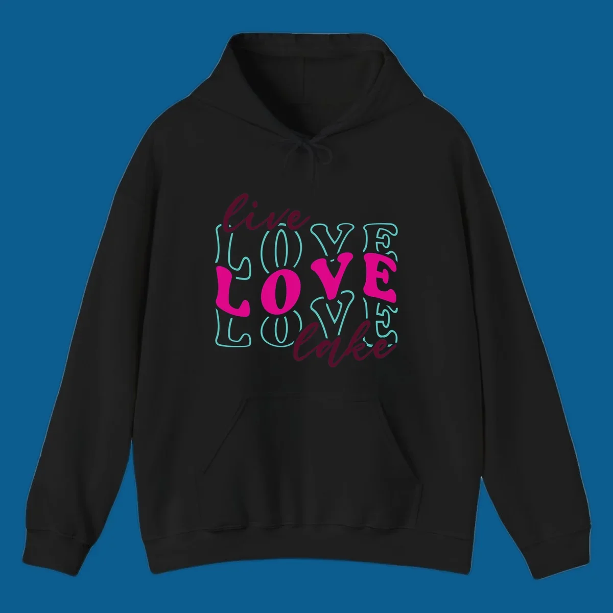 Live Love Lake typography design with retro fonts in burgundy, teal, and pink.