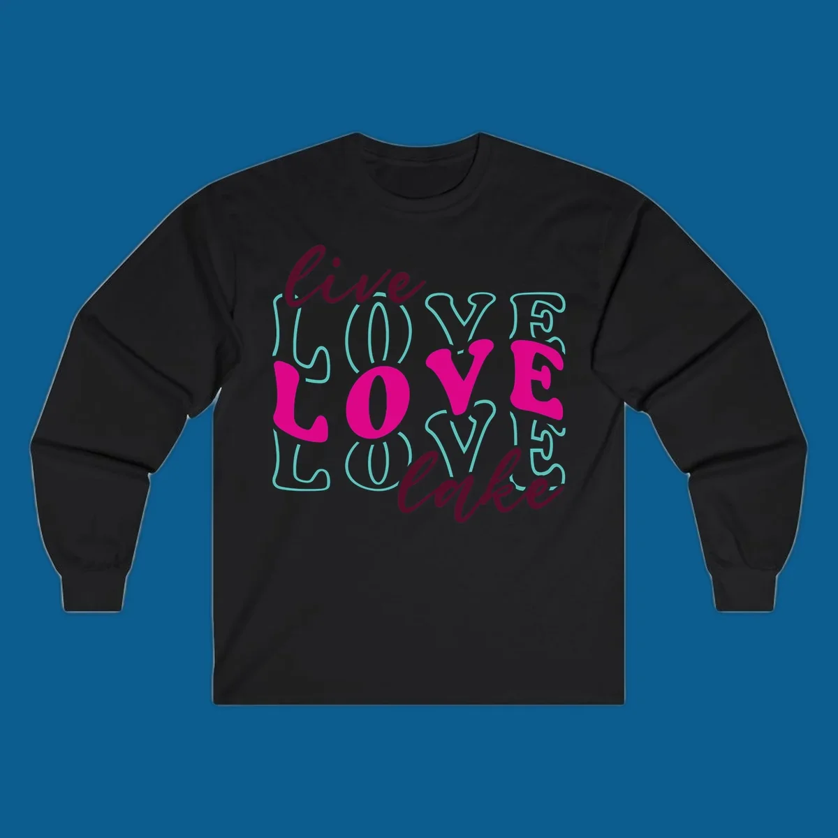 Live Love Lake typography design with retro fonts in burgundy, teal, and pink.