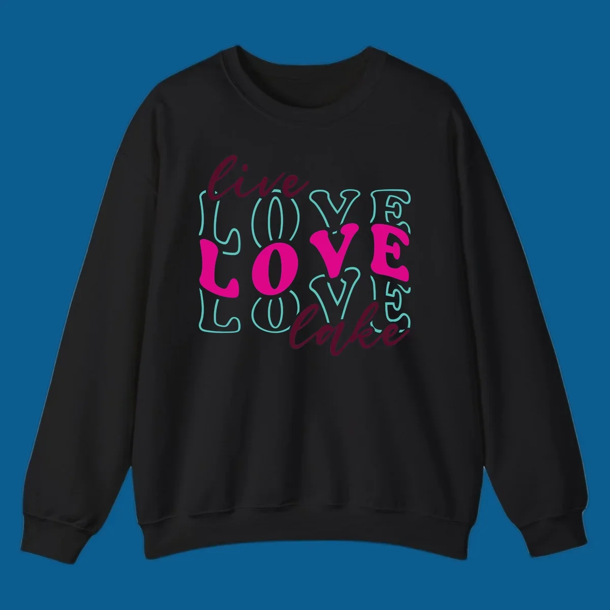 Live Love Lake typography design with retro fonts in burgundy, teal, and pink.