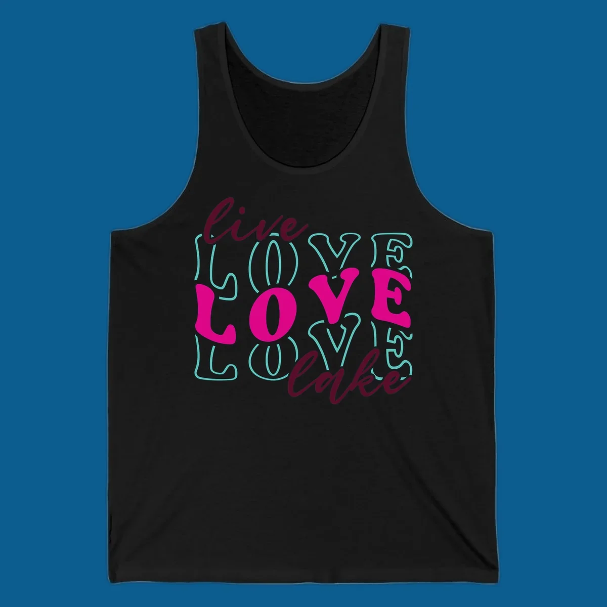 Live Love Lake typography design with retro fonts in burgundy, teal, and pink.