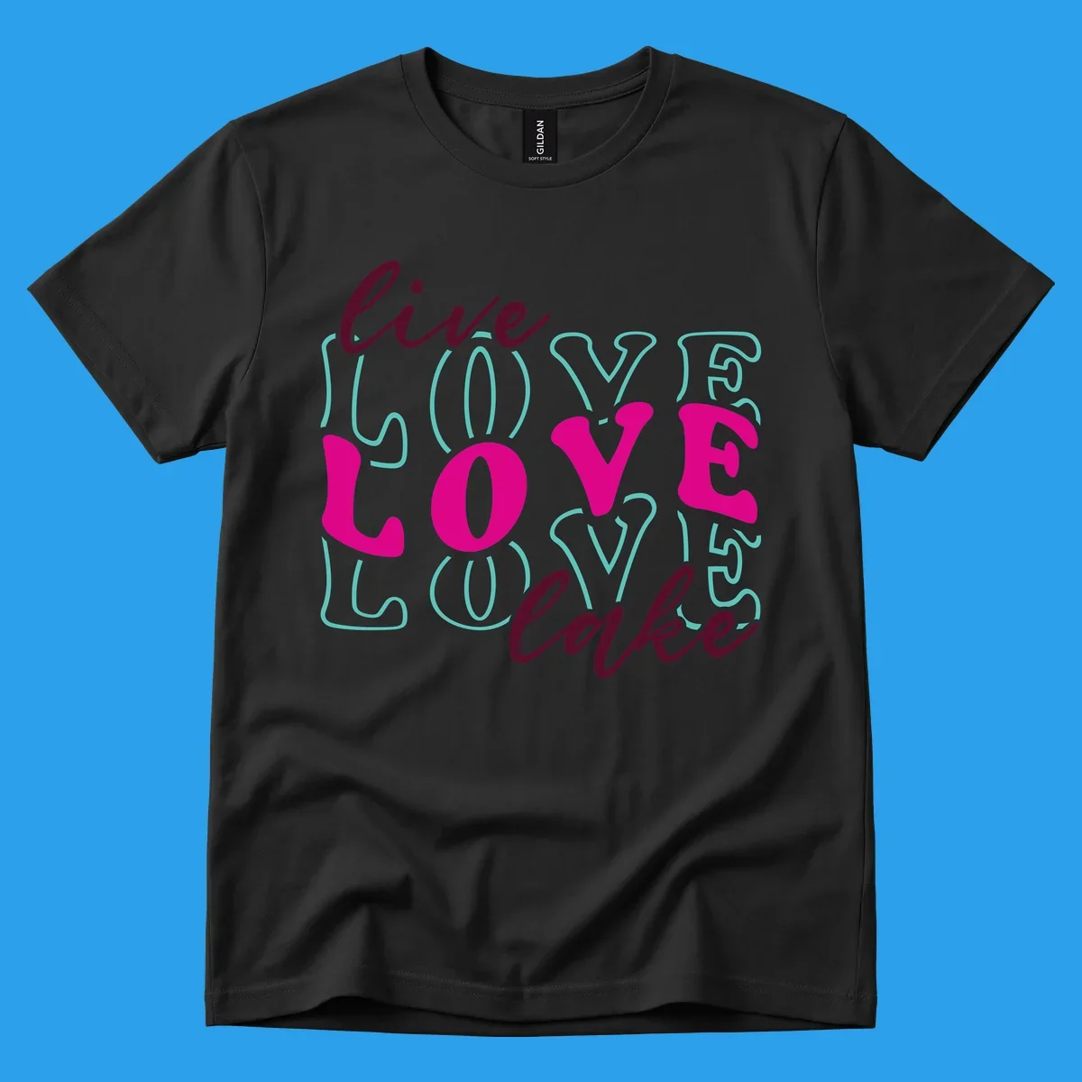 Live Love Lake typography design with retro fonts in burgundy, teal, and pink.