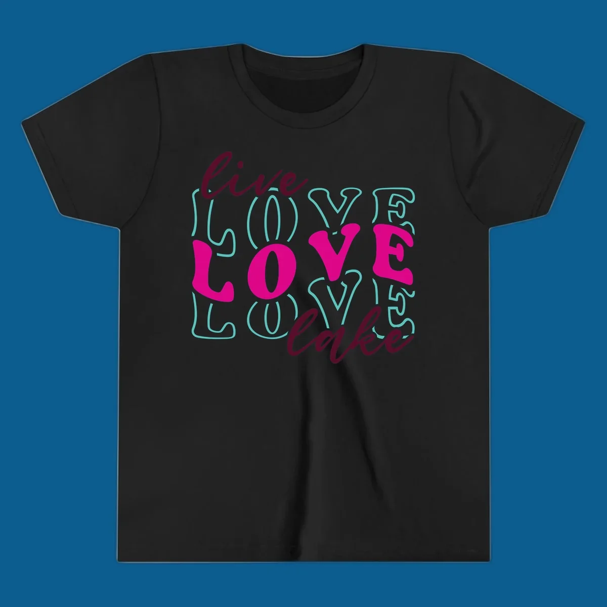 Live Love Lake typography design with retro fonts in burgundy, teal, and pink.