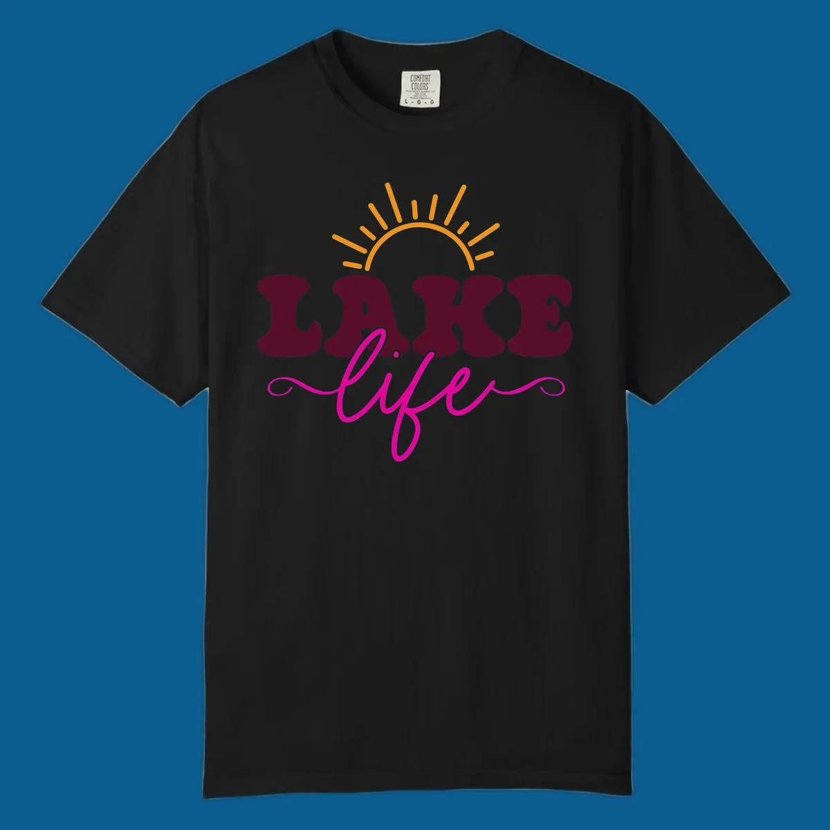 Retro lake life sun graphic with maroon LAKE and pink life text.
