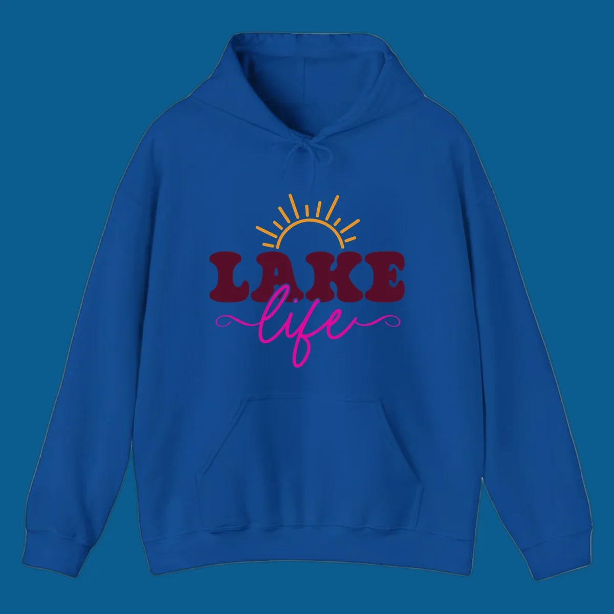 Retro lake life sun graphic with maroon LAKE and pink life text.