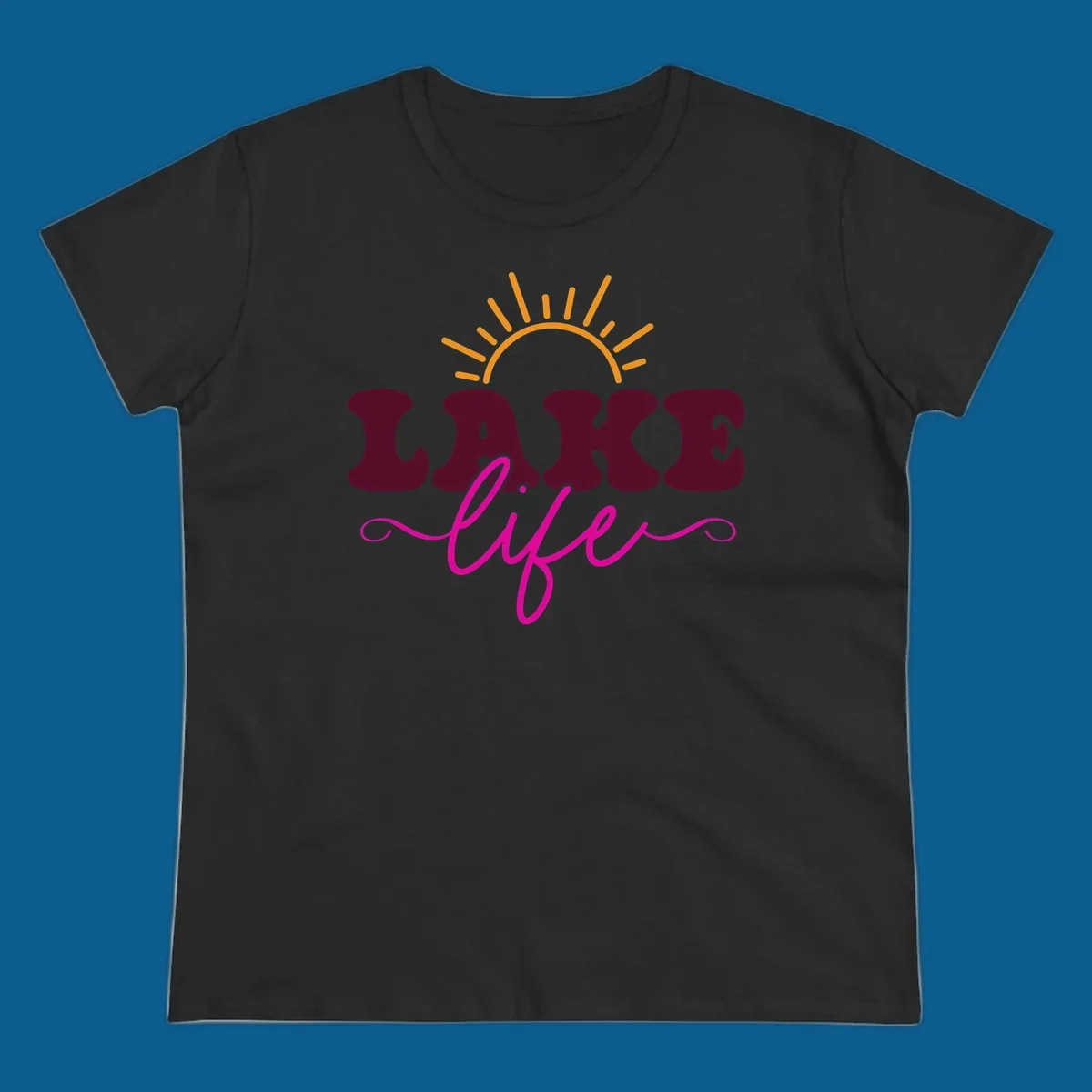 Retro lake life sun graphic with maroon LAKE and pink life text.