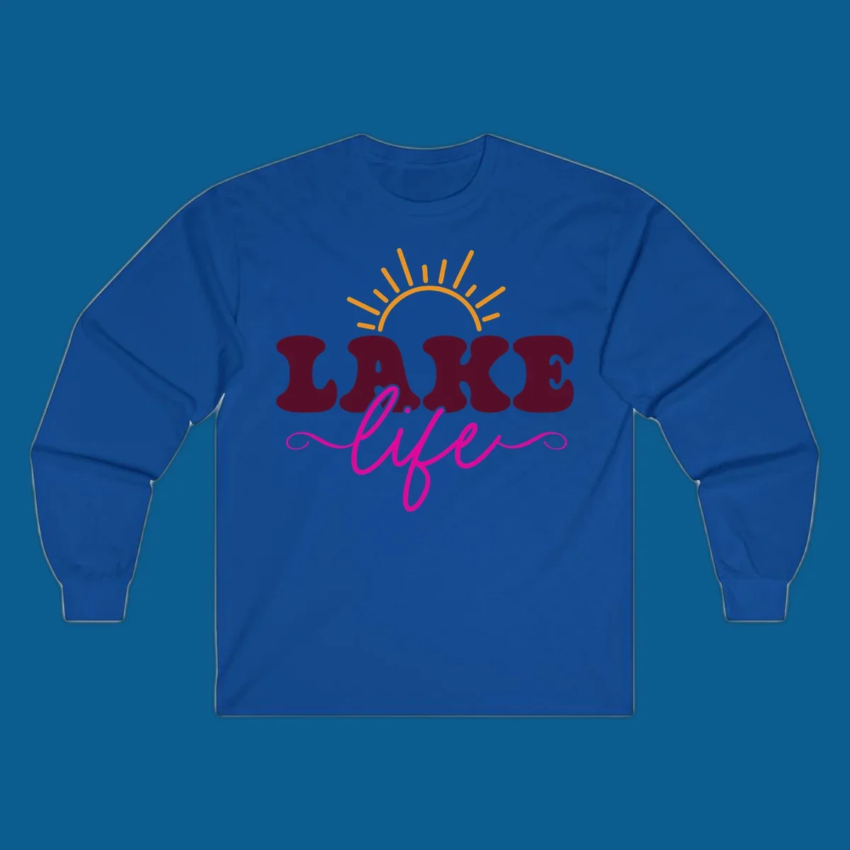 Retro lake life sun graphic with maroon LAKE and pink life text.