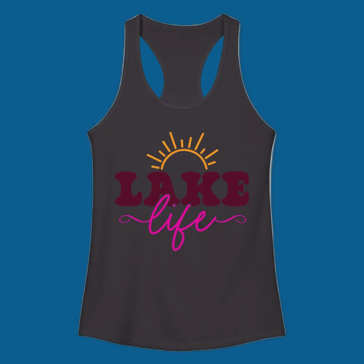 Retro lake life sun graphic with maroon LAKE and pink life text.