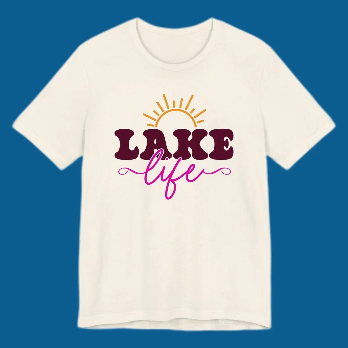 Retro lake life sun graphic with maroon LAKE and pink life text.