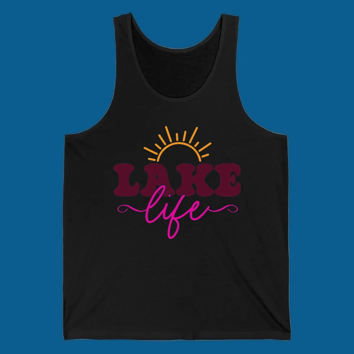 Retro lake life sun graphic with maroon LAKE and pink life text.