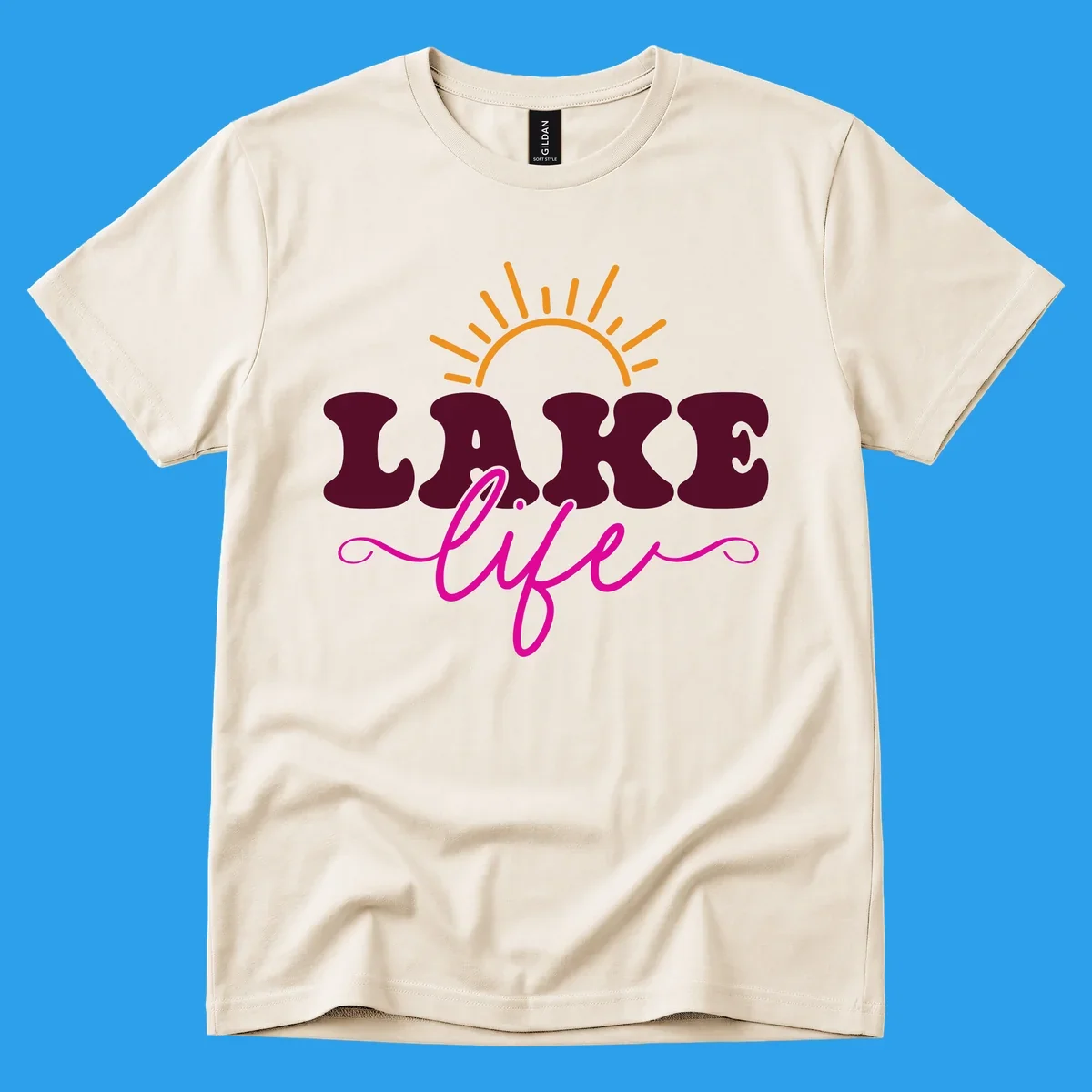 Retro lake life sun graphic with maroon LAKE and pink life text.
