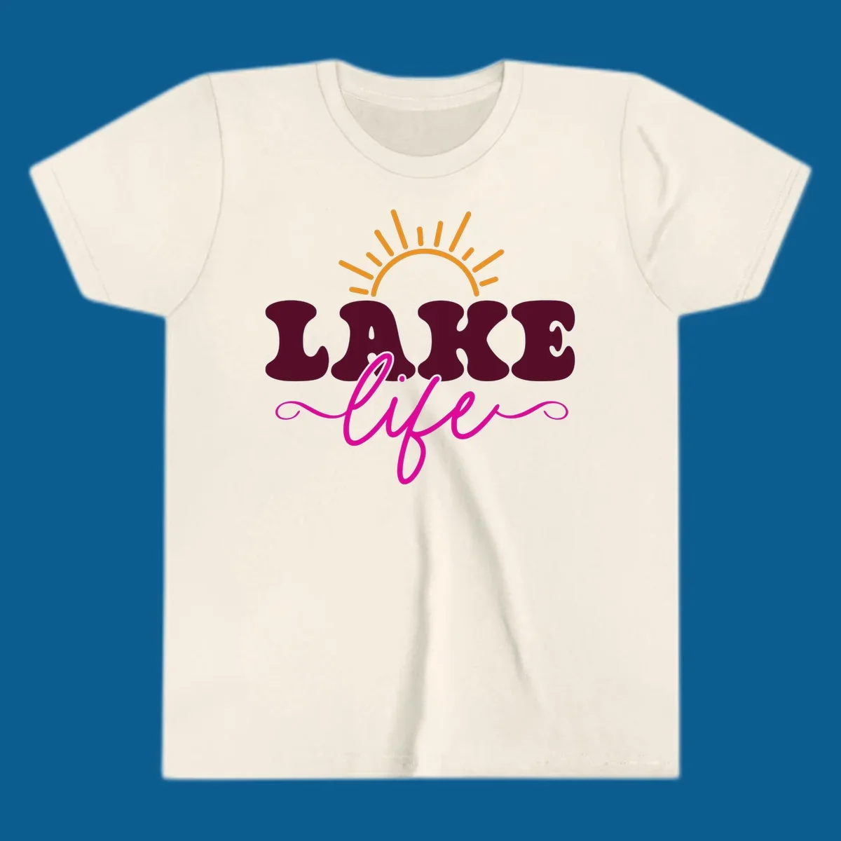 Retro lake life sun graphic with maroon LAKE and pink life text.