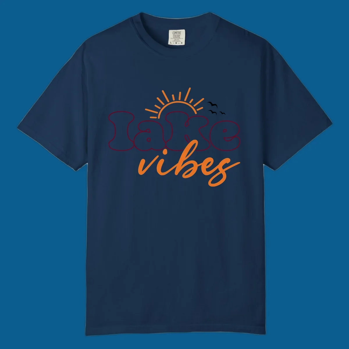 Lake vibes text design with sun and birds