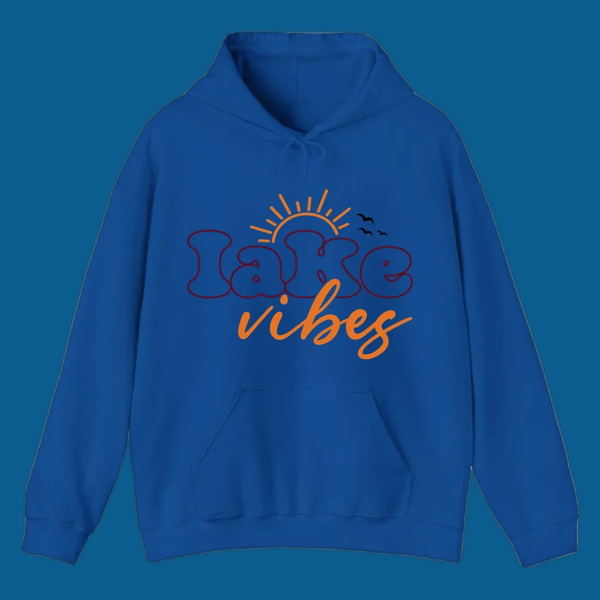 Lake vibes text design with sun and birds