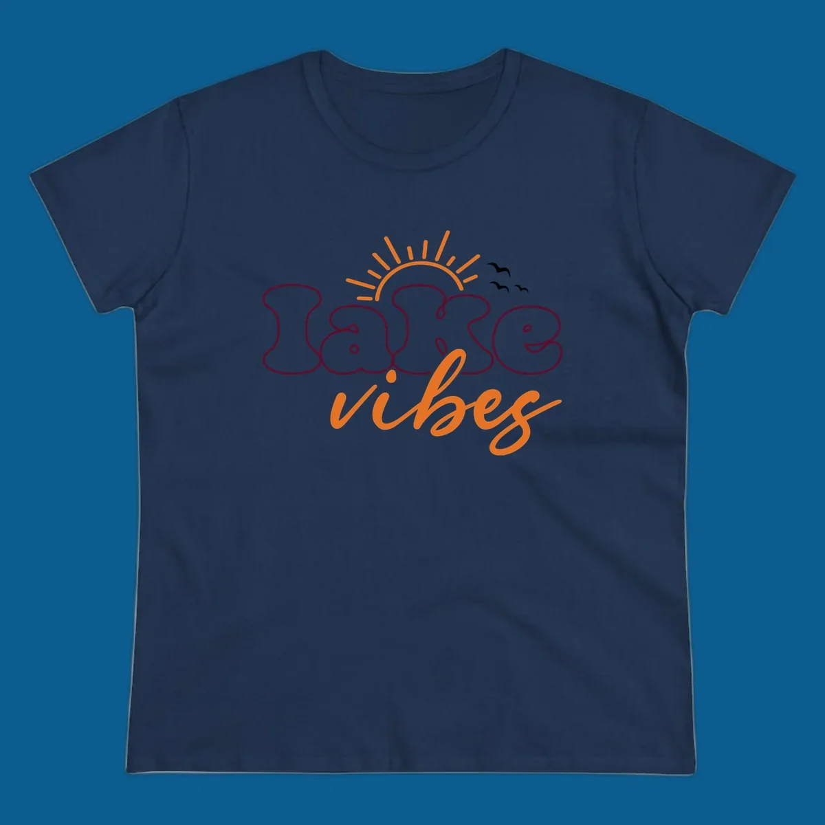 Lake vibes text design with sun and birds