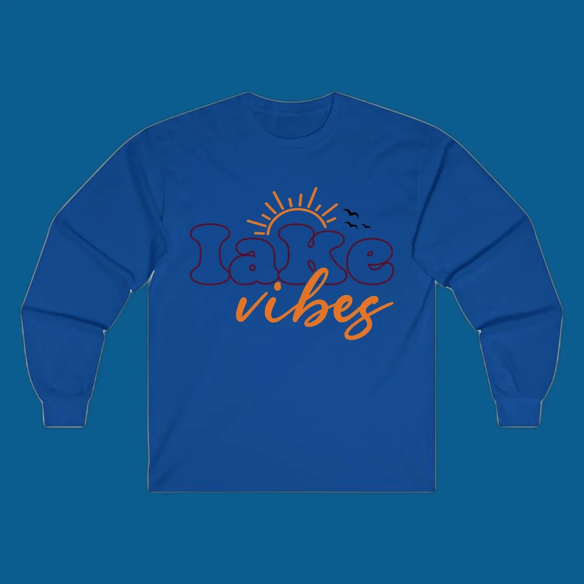 Lake vibes text design with sun and birds