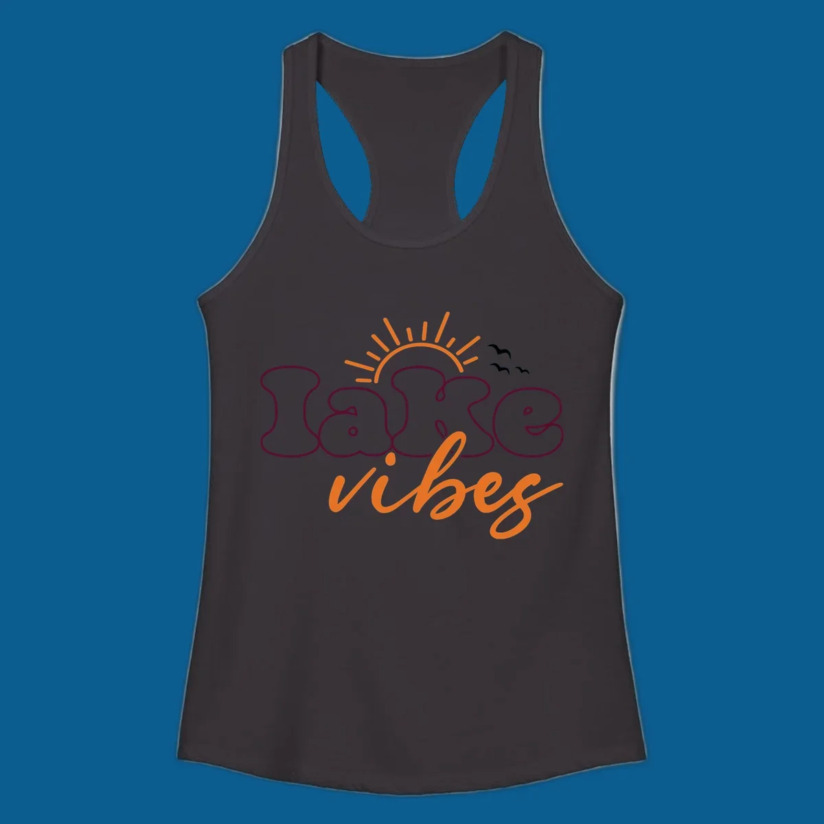 Lake vibes text design with sun and birds