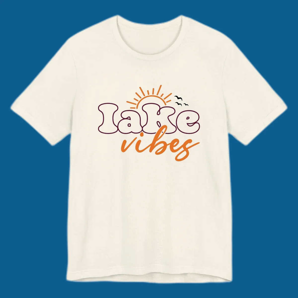 Lake vibes text design with sun and birds