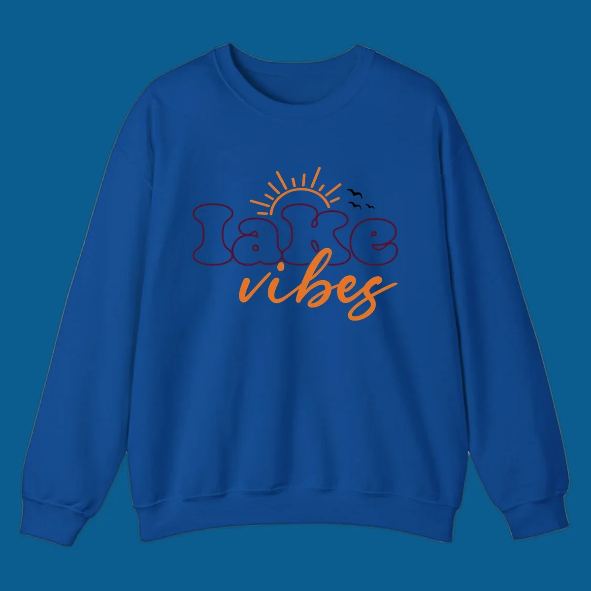 Lake vibes text design with sun and birds