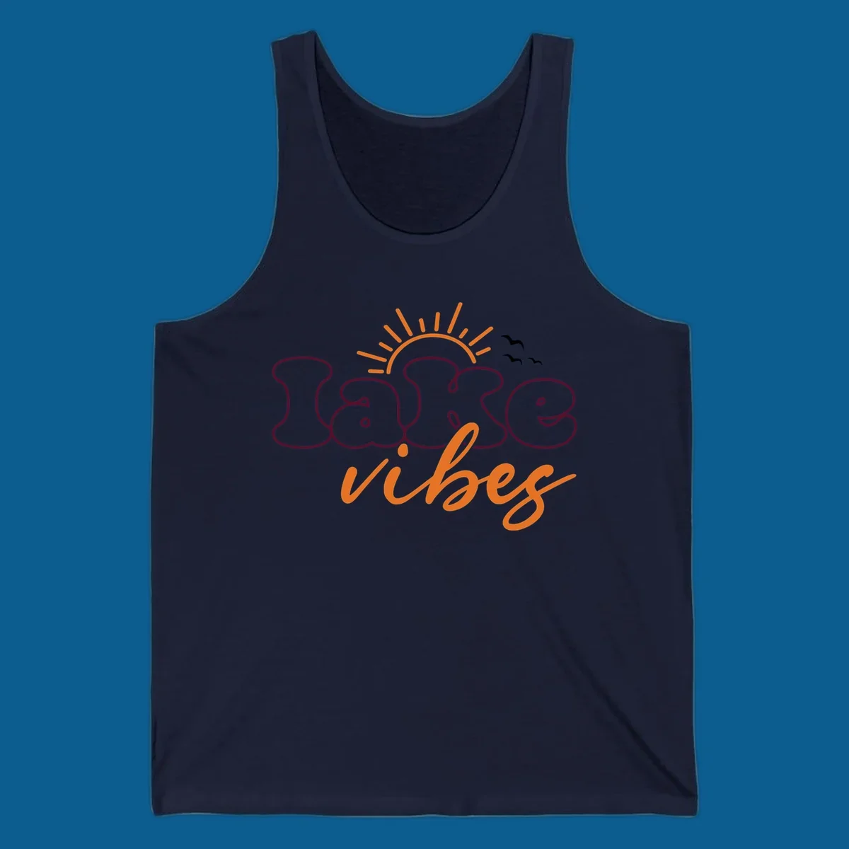 Lake vibes text design with sun and birds