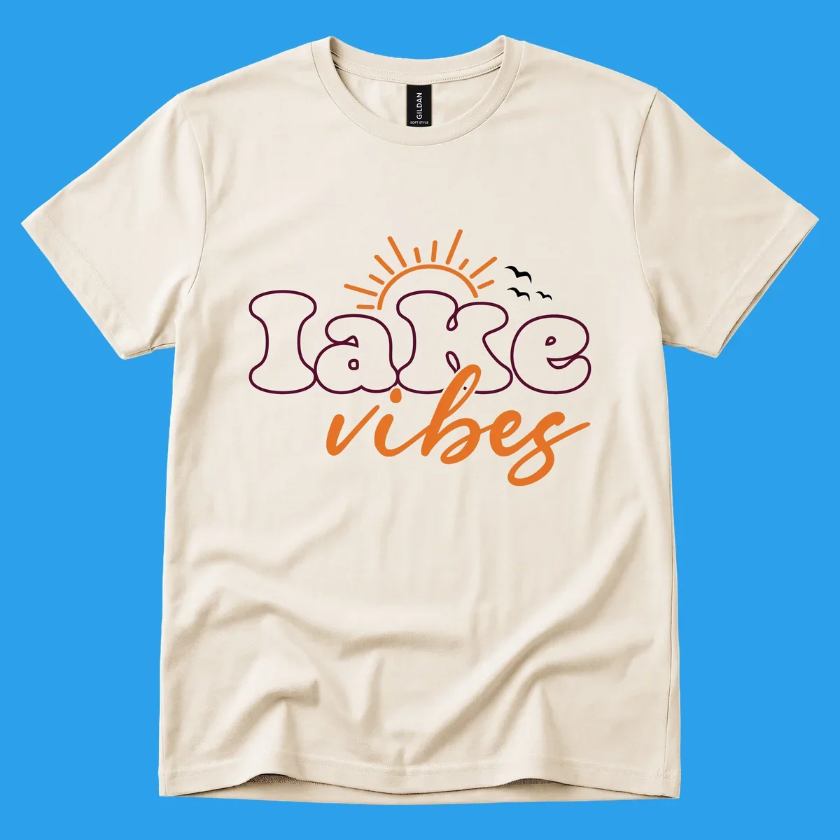 Lake vibes text design with sun and birds