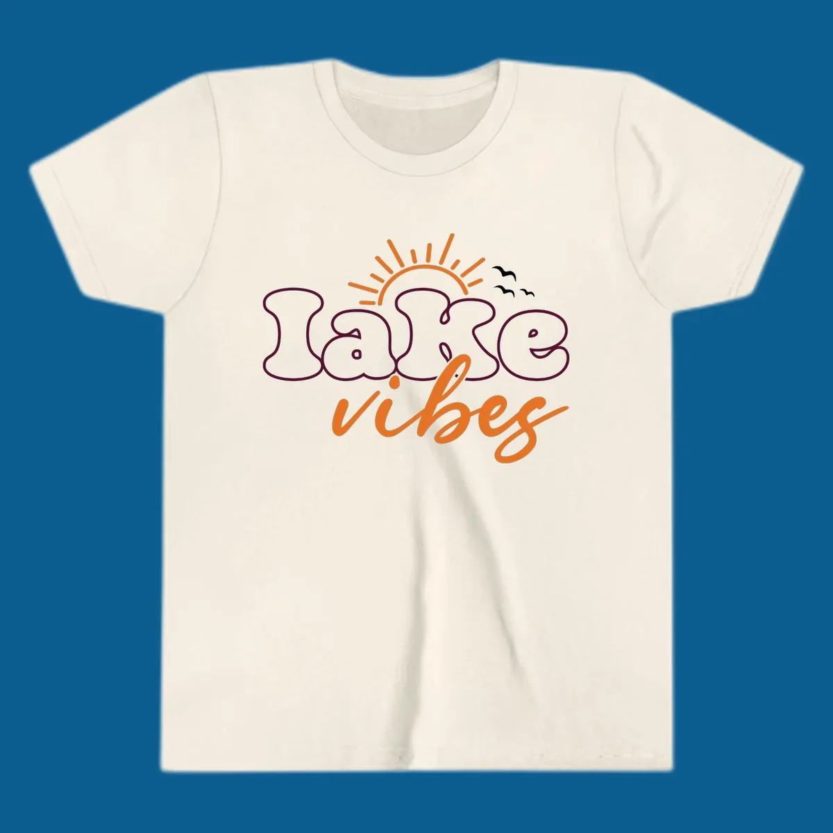 Lake vibes text design with sun and birds