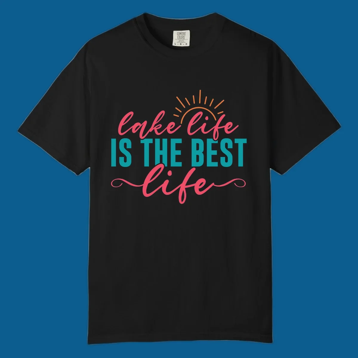 Lake life is the best life text with sun graphic