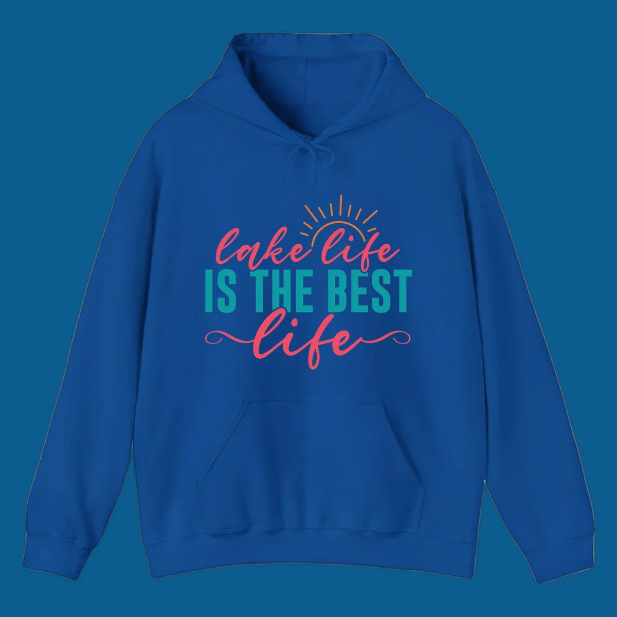 Lake life is the best life text with sun graphic