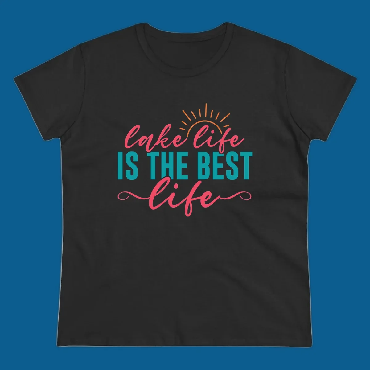 Lake life is the best life text with sun graphic