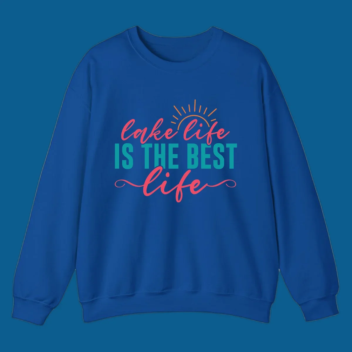 Lake life is the best life text with sun graphic