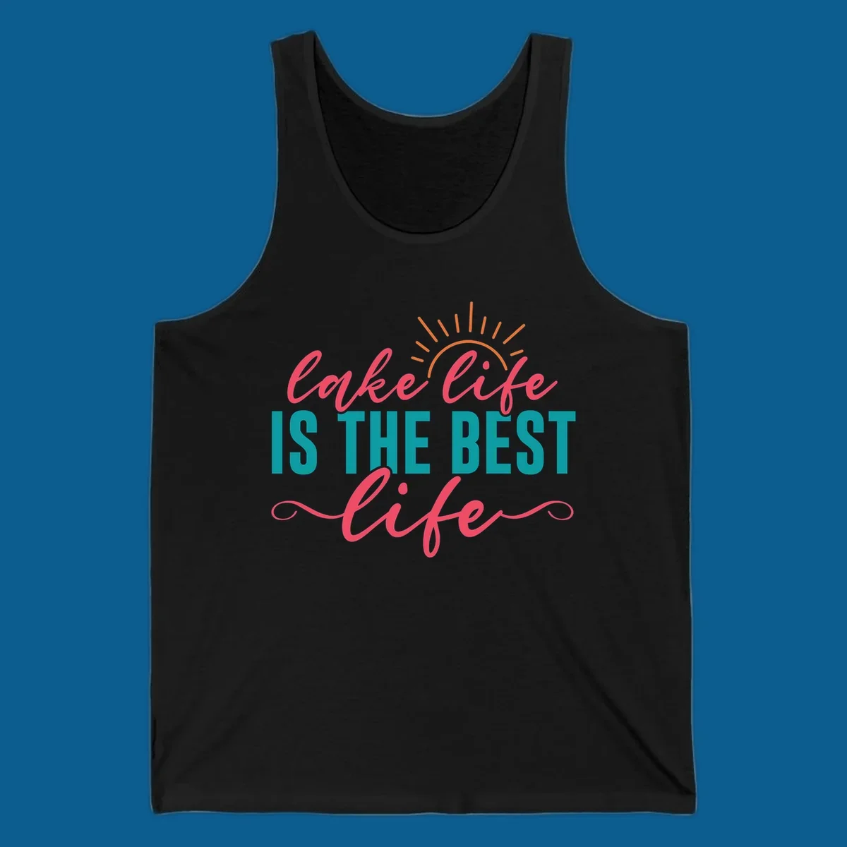 Lake life is the best life text with sun graphic