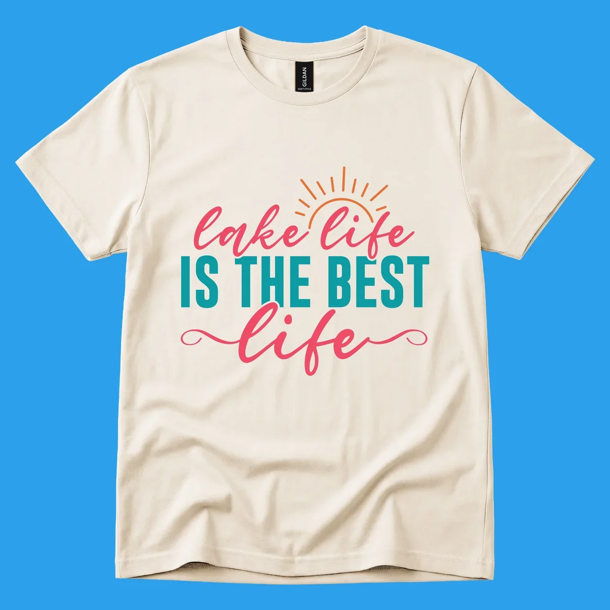 Lake life is the best life text with sun graphic