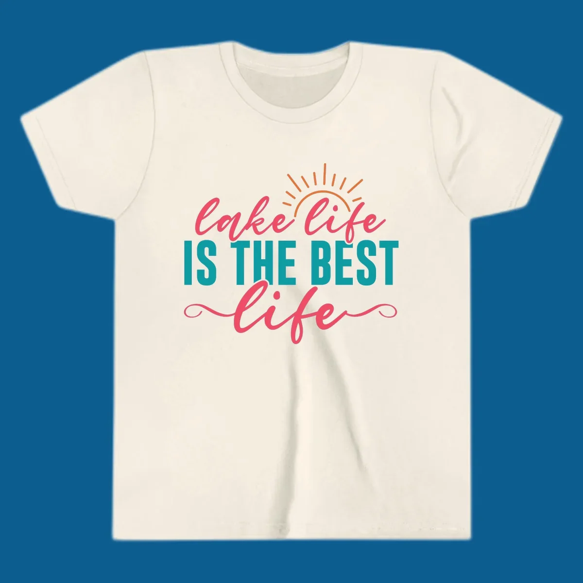 Lake life is the best life text with sun graphic