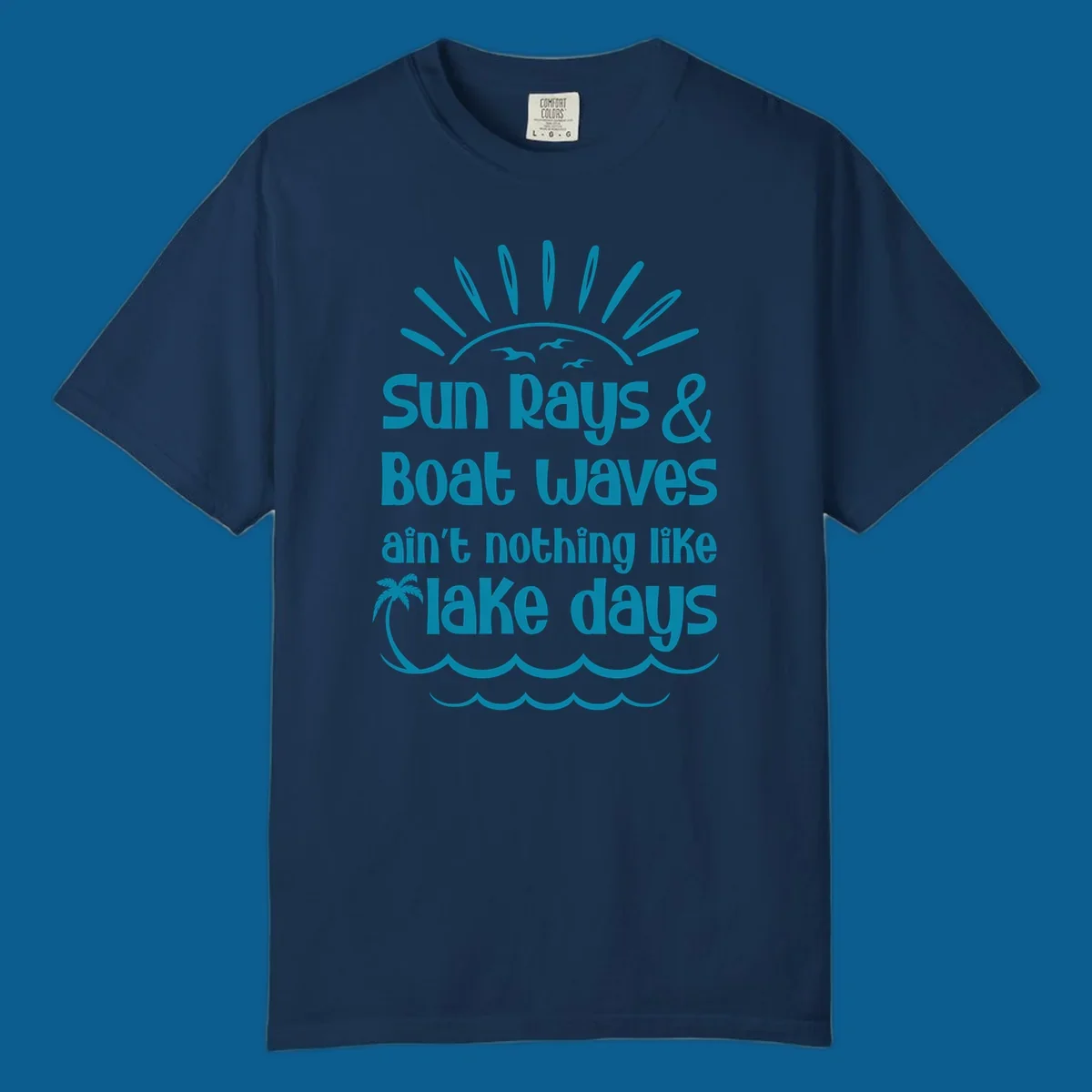 Sun rays boat waves ain't nothing like lake days text design with sun, birds, palm tree, and waves.
