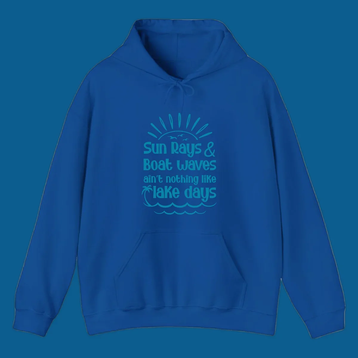 Sun rays boat waves ain't nothing like lake days text design with sun, birds, palm tree, and waves.