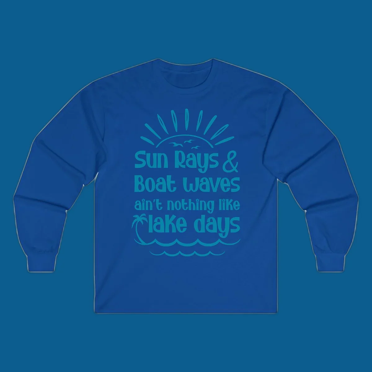 Sun rays boat waves ain't nothing like lake days text design with sun, birds, palm tree, and waves.