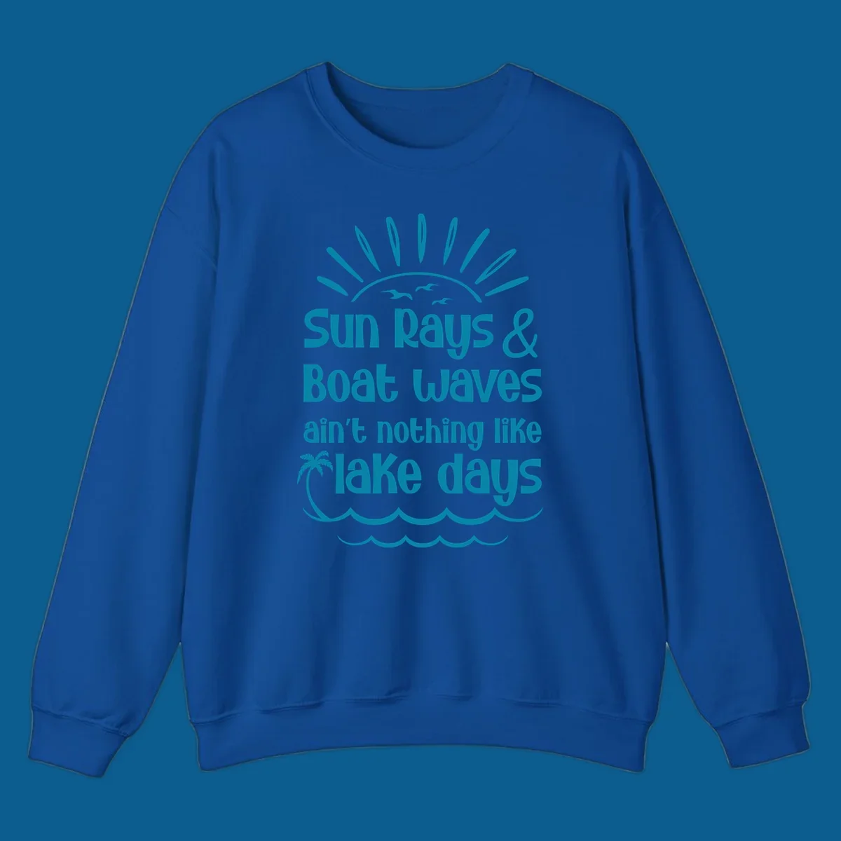 Sun rays boat waves ain't nothing like lake days text design with sun, birds, palm tree, and waves.