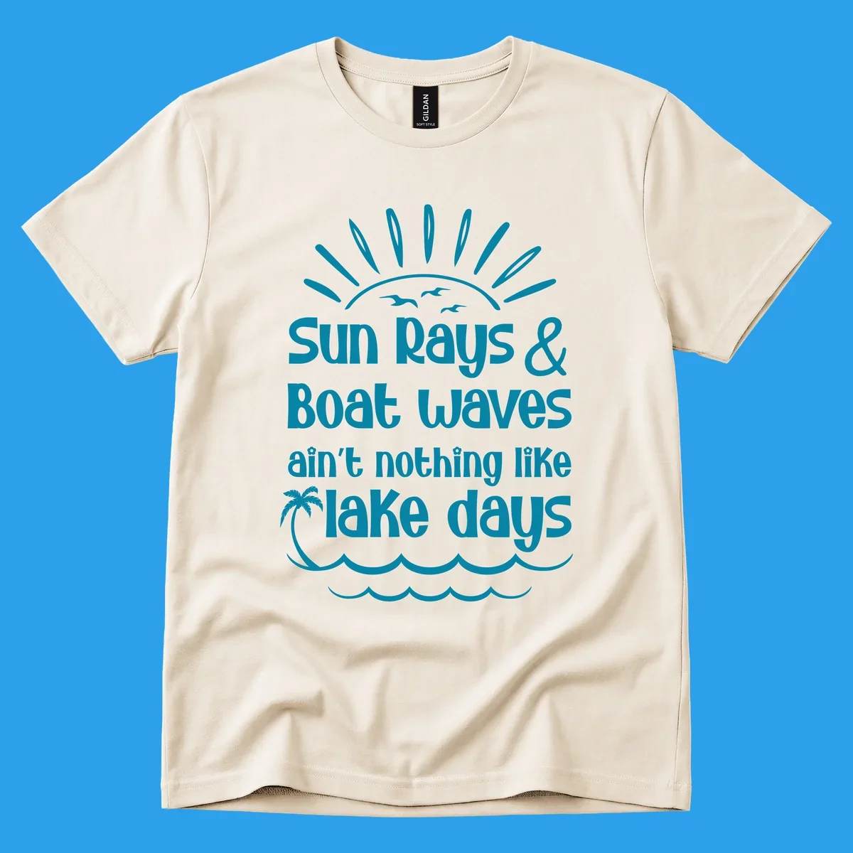 Sun rays boat waves ain't nothing like lake days text design with sun, birds, palm tree, and waves.