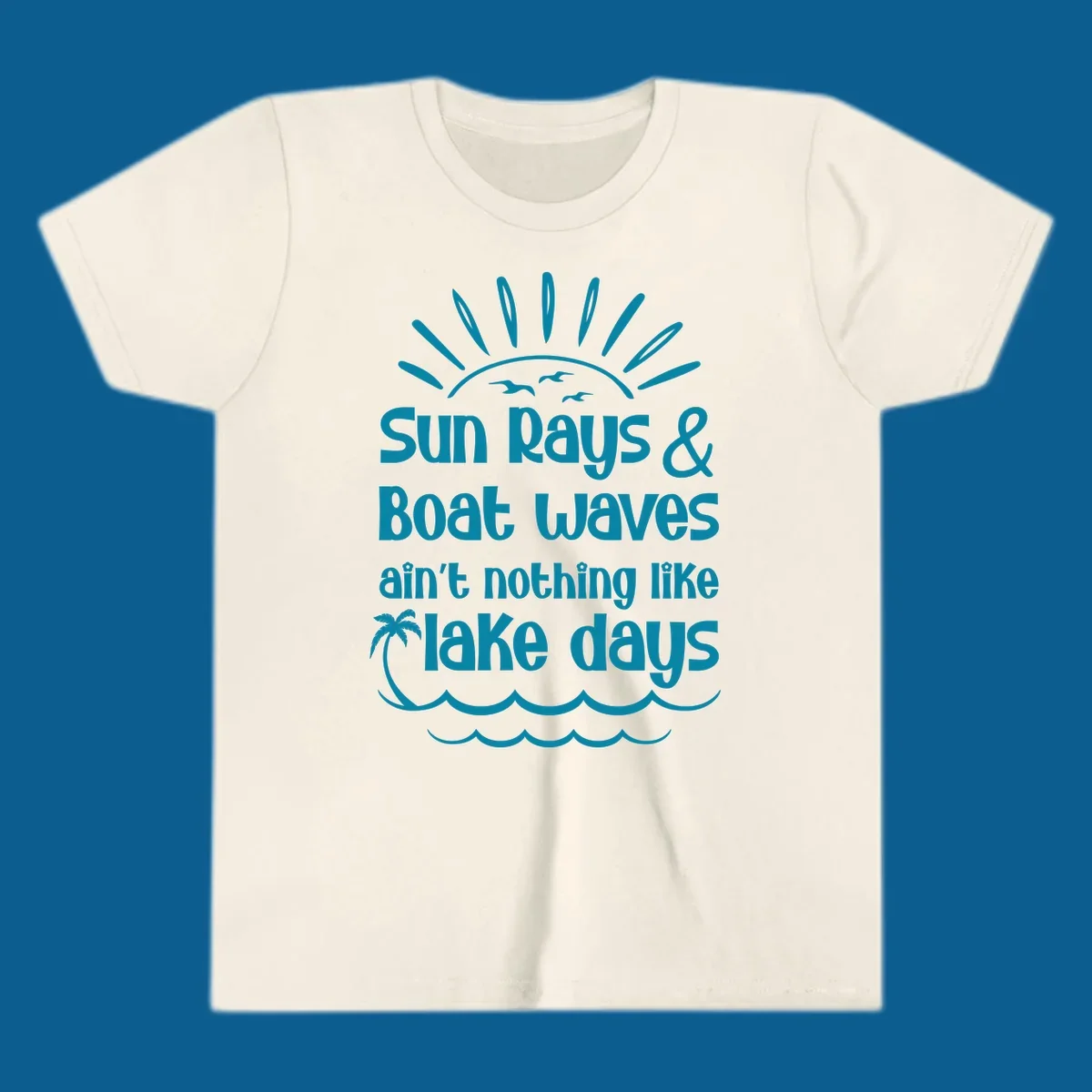 Sun rays boat waves ain't nothing like lake days text design with sun, birds, palm tree, and waves.