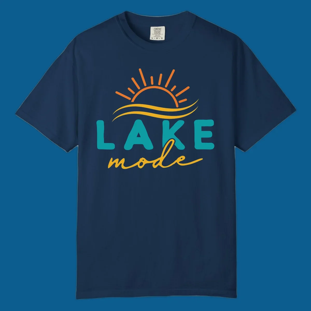Lake mode graphic with sun rays and waves, teal and yellow text.