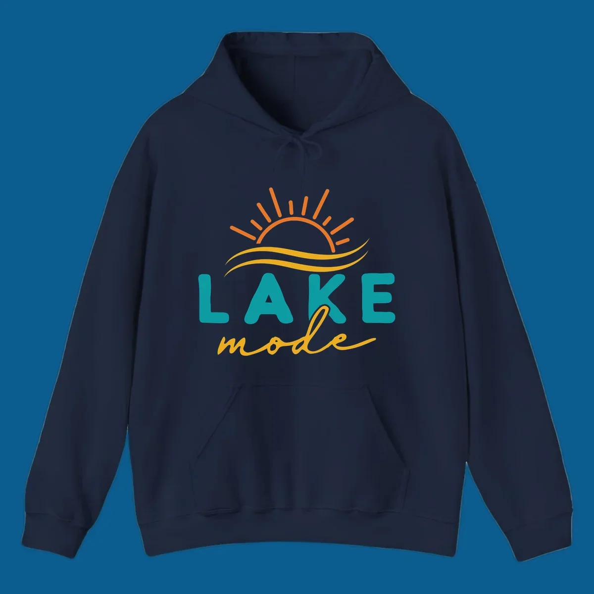 Lake mode graphic with sun rays and waves, teal and yellow text.